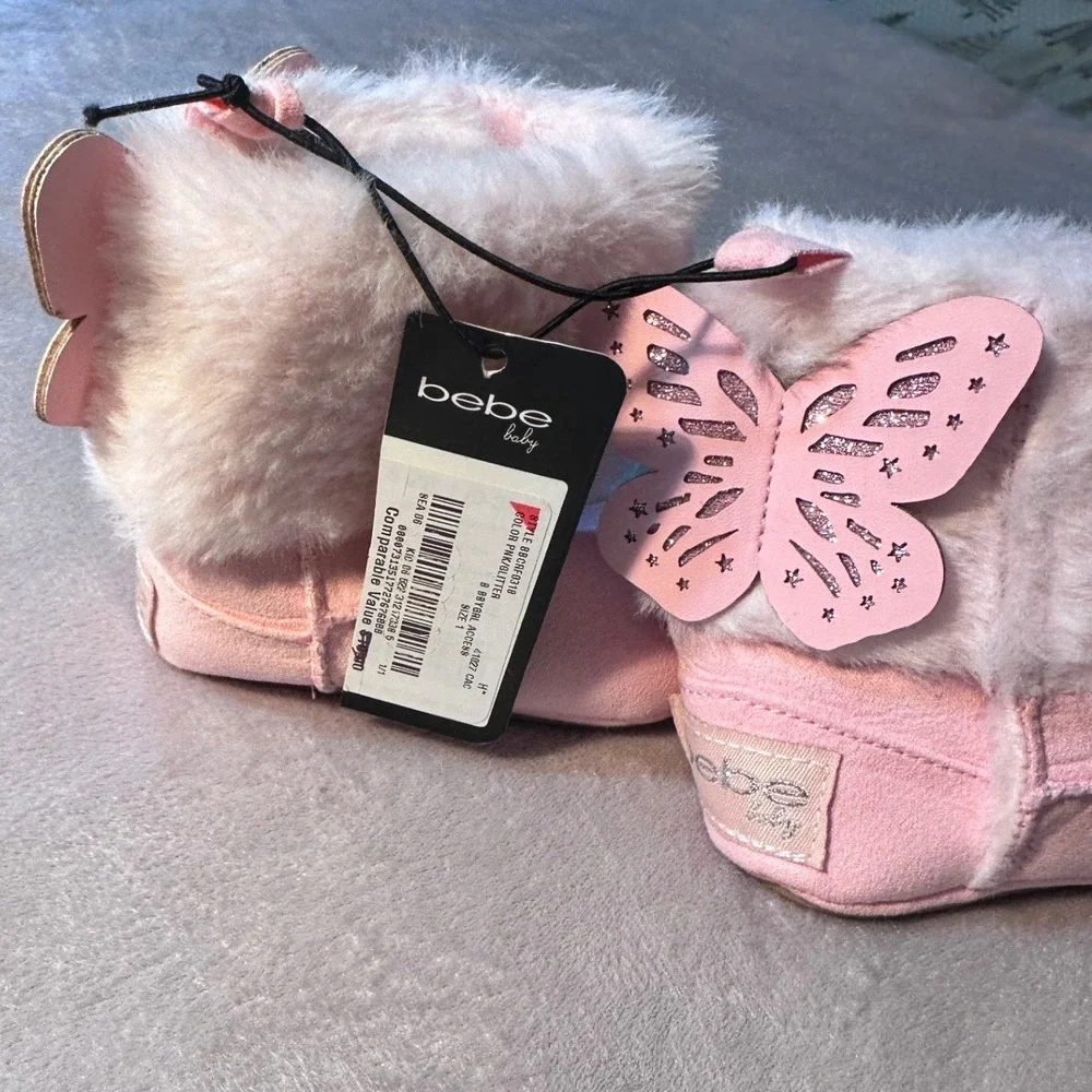 Bebe Baby Pink Glitter Butterfly Faux Fur Crib Boots BBCRF0318 Size 1